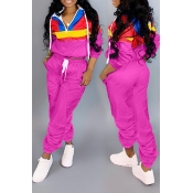 Lovely Trendy Hooded-collar Color-lump Rose Red Tw