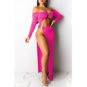 Lovely Sexy Off The Shoulder Side Split Rose Red A