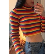 Lovely Casual Turtleneck Striped Multicolor Sweate