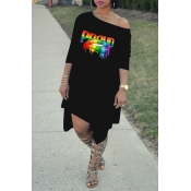 Lovely Casual One Shoulder Printed Asymmetrical Bl