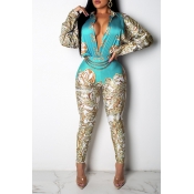 Lovely Casual Printed Blue One-piece Jumpsuit(With