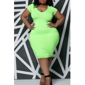 Lovely Casual U Neck Green Knee Length Plus Size D