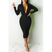 Lovely Casual Deep V Neck Black Mid Calf Dress