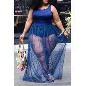 Lovely Casual Sleeveless Patchwork Blue Plus Size 