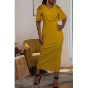 Lovely Casual V Neck Hollow-out Yellow Mid Calf Dr
