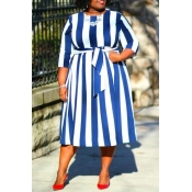 Lovely Casual Striped Blue Mid Calf Plus Size Dres