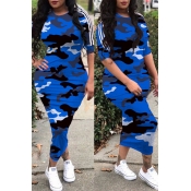 Lovely Casual O Neck Camouflage Printed Blue Ankle