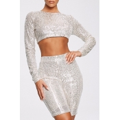 Lovely Chic Crop Top Sliver Two-piece Shorts Set