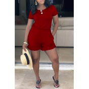 Lovely Leisure Flounce Design Red One-piece Romper