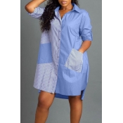 Lovely Casual Turndown Collar Patchwork Baby Blue 