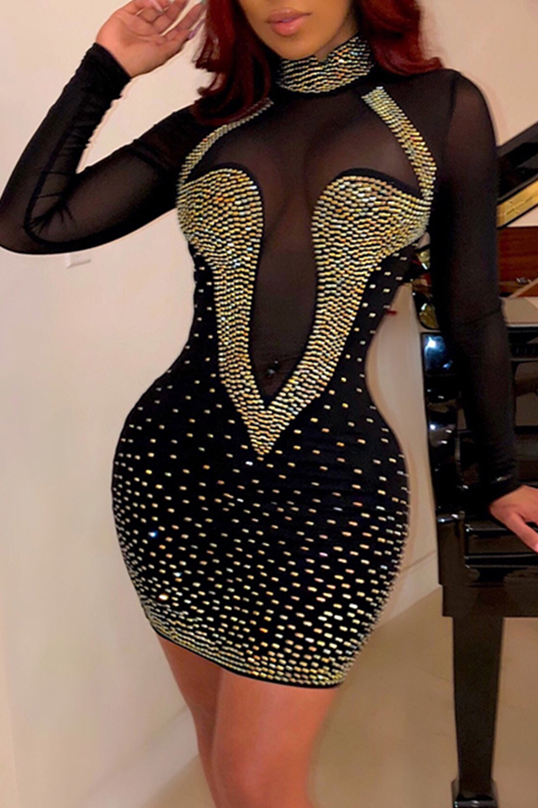 

Lovely Sexy Hot Drilling Decorative Patchwork Black Mini Dress