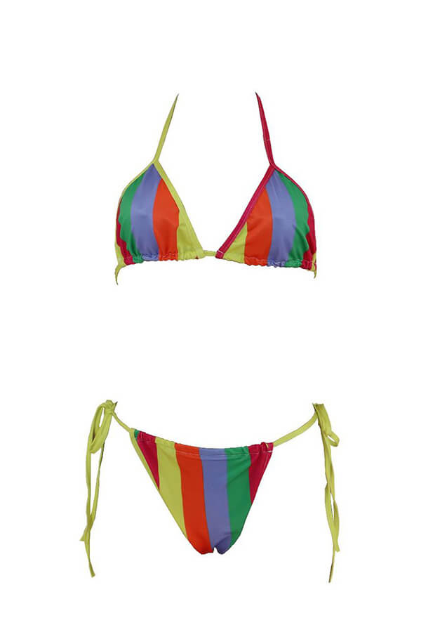Lovely Halter Neck Striped Multicolor Two-piece Swimwear_Bikinis ...