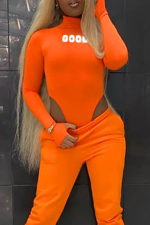 Lovely Casual Letter Printed Orange Bodysuit