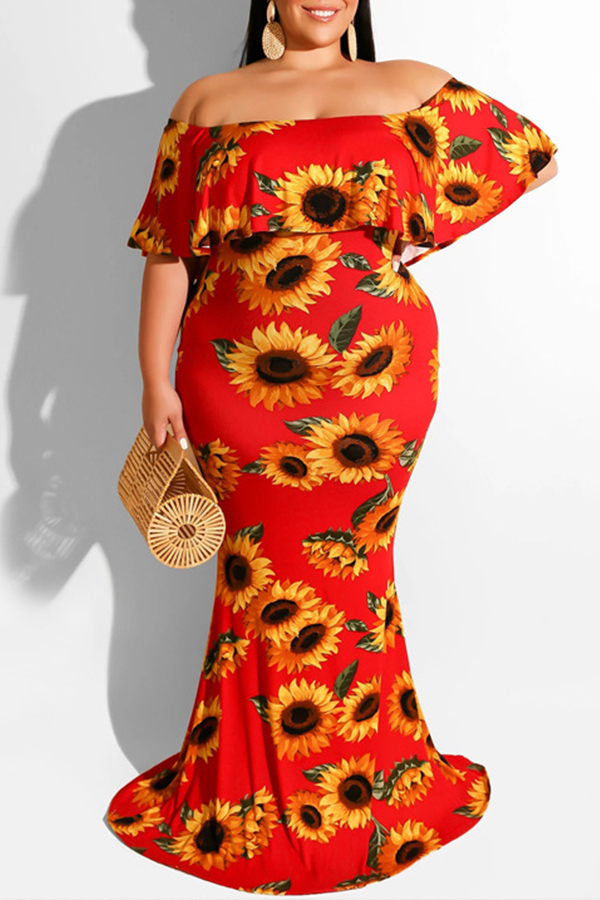 

Lovely Casual Off The Shoulder Red Floor Length Plus Size Dress