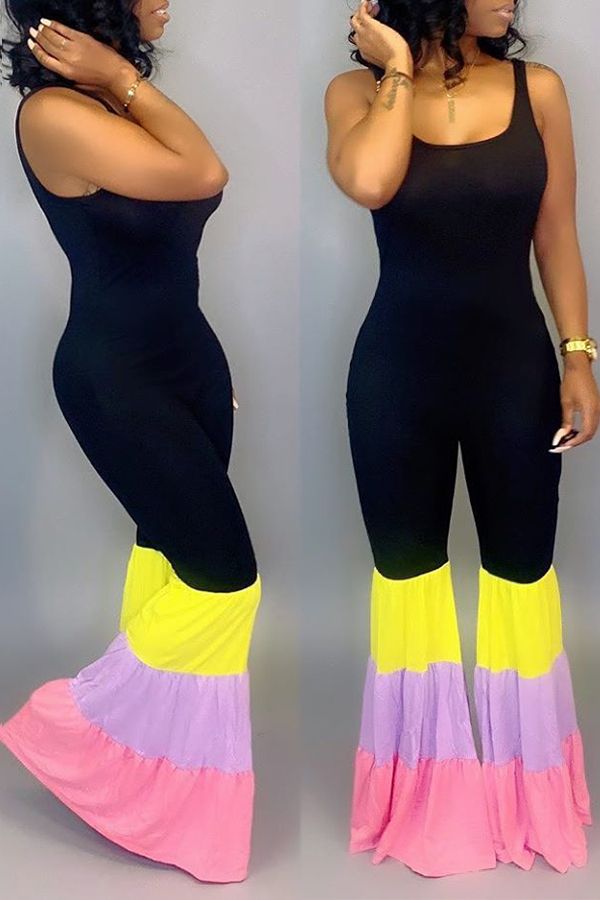 

Lovely Casual U Neck Patchwork Black One-piece Jumpsuit