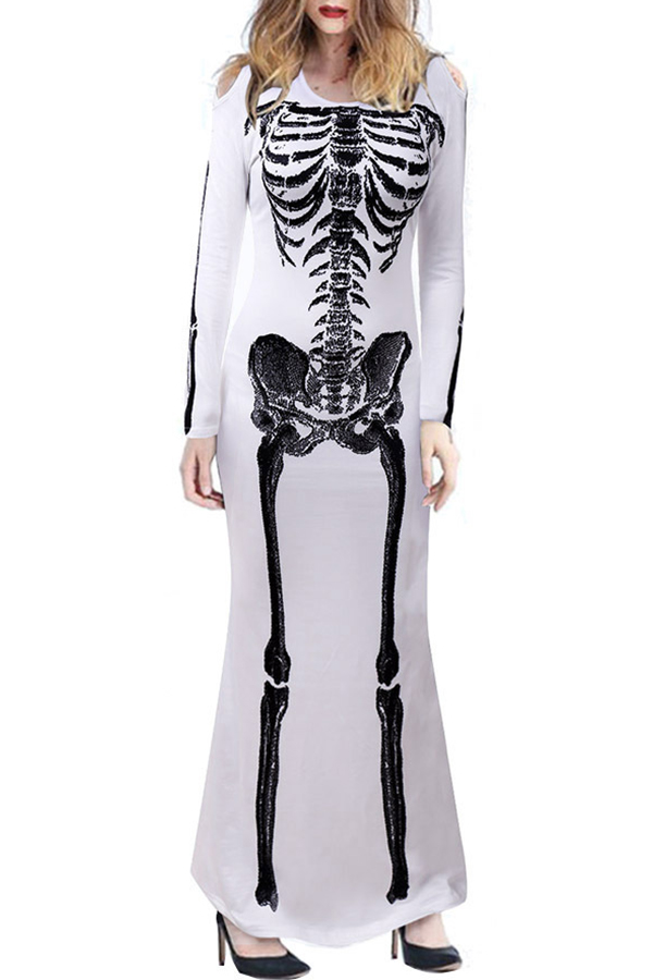 

Lovely Trendy Skull Printed White Ankle Length Dress
