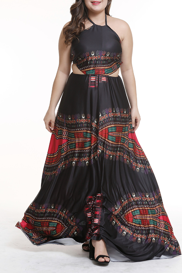 

Lovely Bohemian Hollow-out Black Floor Length Plus Size Dress