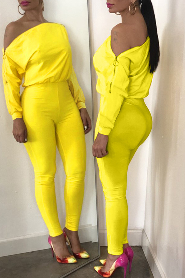 

Lovely Stylish Zipper Design Yellow One-piece Jumpsuit