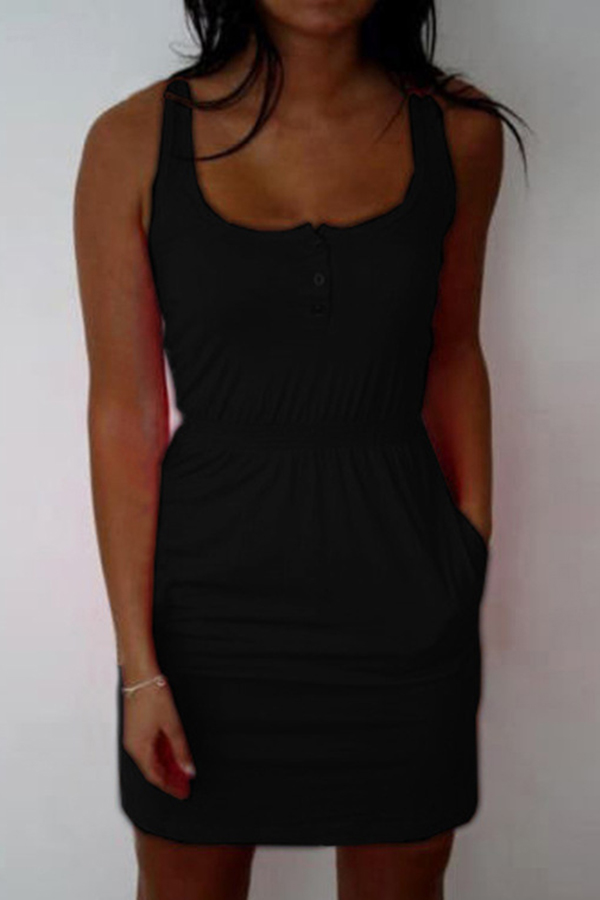 

Lovely Casual U Neck Pockets Design Black Mini Dress