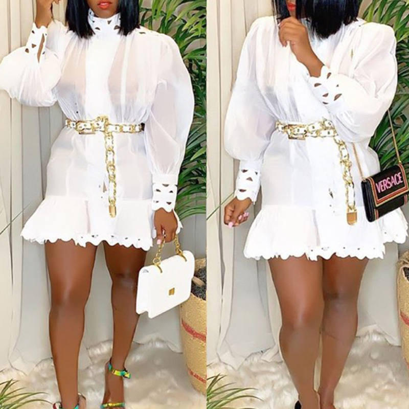 

Lovely Party Mandarin Collar Flounce Design White Mini Dress(Without Belt