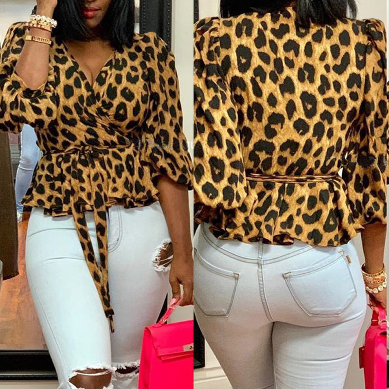 

Lovely Casual V Neck Leopard Printed Brown Blouse