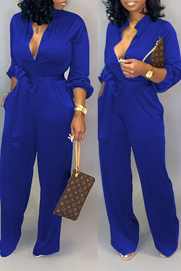 

LW Work Lace-up Loose Blue One-piece Jumpsuit