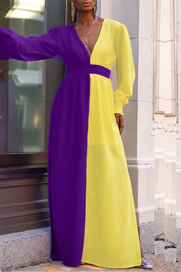 

Lovely Trendy Deep V Neck Patchwork Purple Maxi Dress