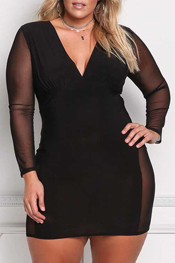 

Lovely Casual See-through Black Plus Size Mini Dress