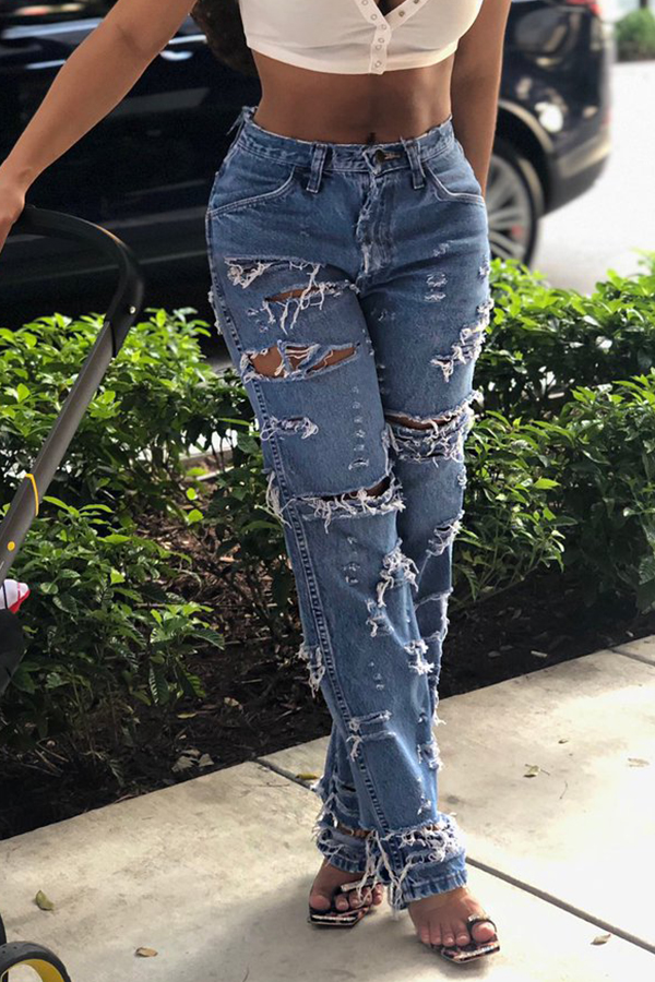 

Lovely Trendy Hollow-out Blue Jeans