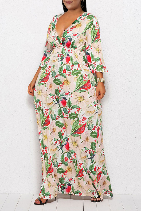 Lovely Casual V Neck Floral Printed Green Ankle Length Plus Size Dress