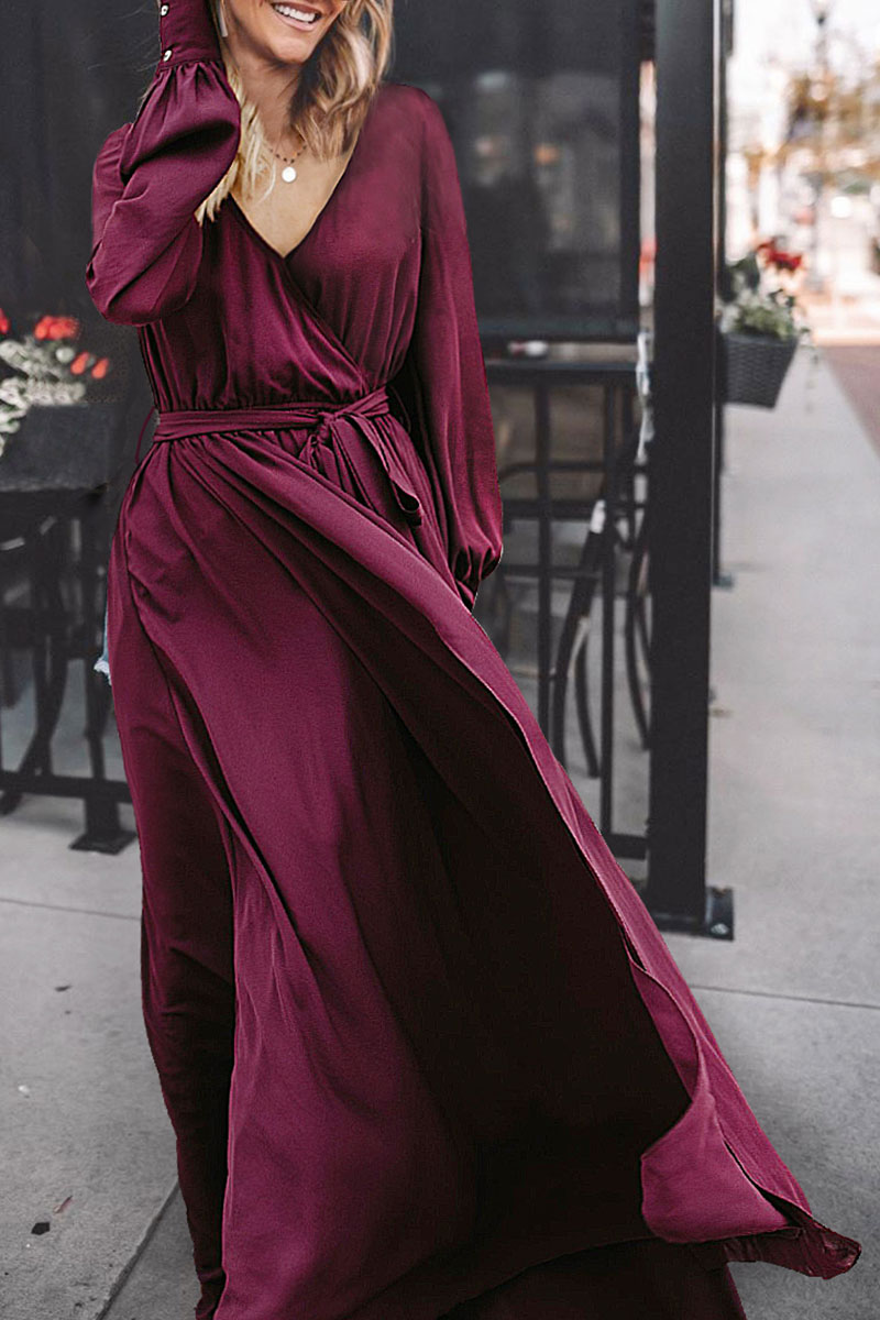 

Lovely Vintage V Neck Puff Sleeves Wine Red Chiffon Ankle Length Dress