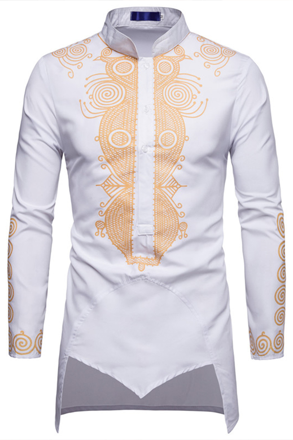 

Lovely Casual Turndown Collar Printed Asymmetrical White Shirt