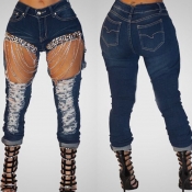 Lovely Street Hollow-out Deep Blue Jeans