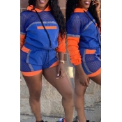 Lovely Casual Hooded Collar Patchwork Blue Two-pie