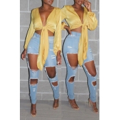 Lovely Trendy Broken Holes Baby Blue Jeans