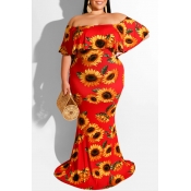 Lovely Trendy Sunflower Print Red Maxi Plus Size D