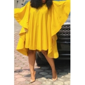 Lovely Chic Ruffle Design Loose Yellow Knee Length