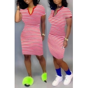 Lovely Casual Striped Red Knee Length Dress
