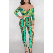 Lovely Casual V Neck Printed Green Two-piece Pants