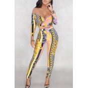 Lovely Casual V Neck Printed Gold Two-piece Pants 