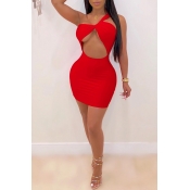 LW SXY One Shoulder Hollow-out Red Mini Dress
