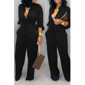LW Work Lace-up Loose Black One-piece Jumpsuit
