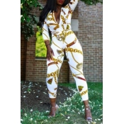 Lovely Casual V Neck Printed White One-piece Jumps