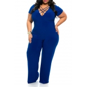Lovely Casual Hollow-out Blue Plus Size One-piece 