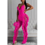 Lovely Sexy Patchwork Rose Red One-piece Jumpsuit