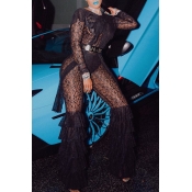 Lovely Sexy Backless Flounce Design Black One-piec