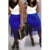 Lovely Sweet Tassel Design Blue Mid Calf Skirt