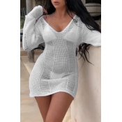 Lovely Sexy V Neck Hollow-out White Knee Length Dr
