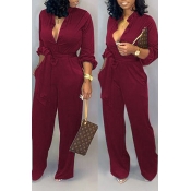 LW Work Lace-up Loose Wine Red Jumpsuit