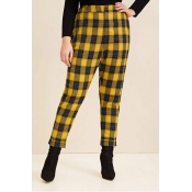 Lovely Casual Plaid Printed Yellow Plus Size Pants